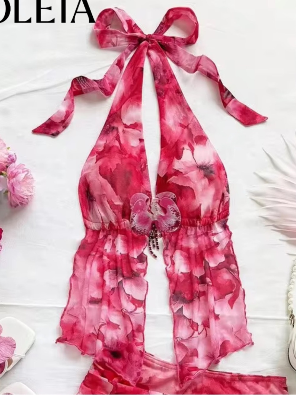 Shein x Eduarda Gutierrez Soleia Pink Floral Halter Summer Y2k Mesh Top Sz XS